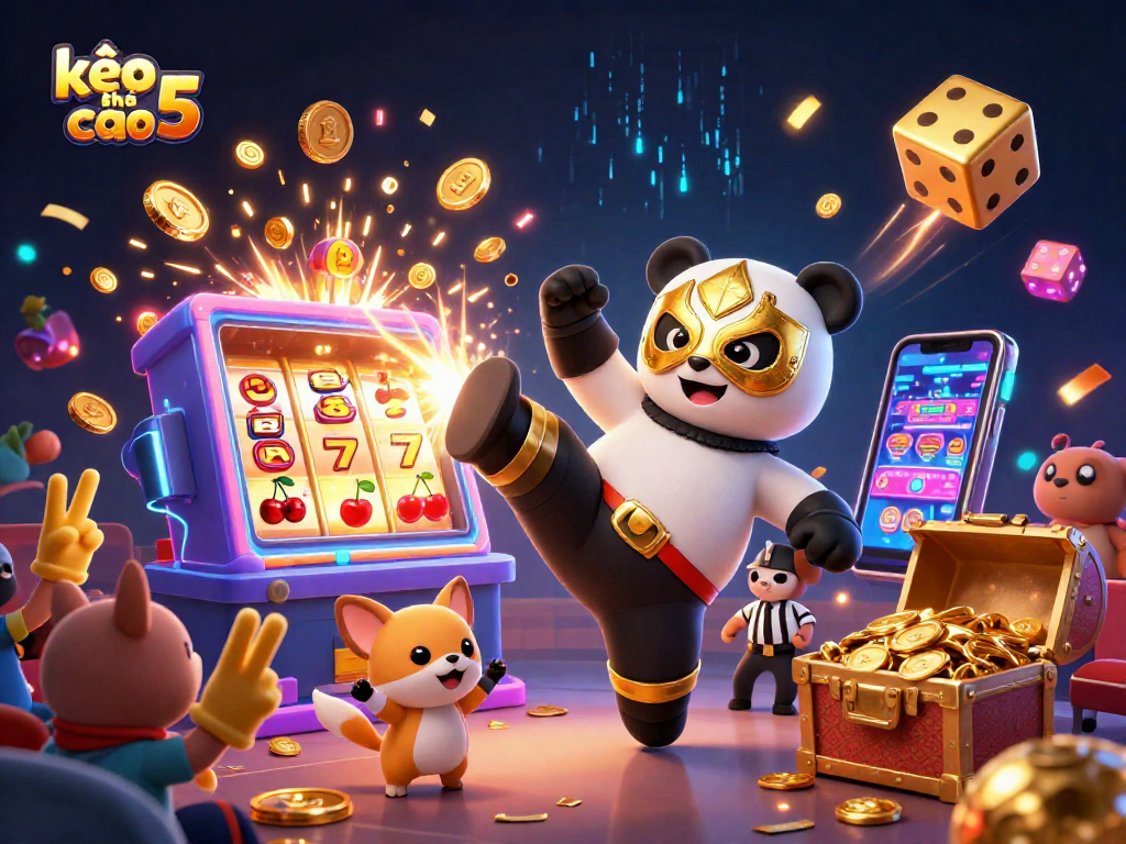 Experience the excitement of kèo nhà cái 5 with a vibrant 3D illustration of a panda wrestler and animal crowd.