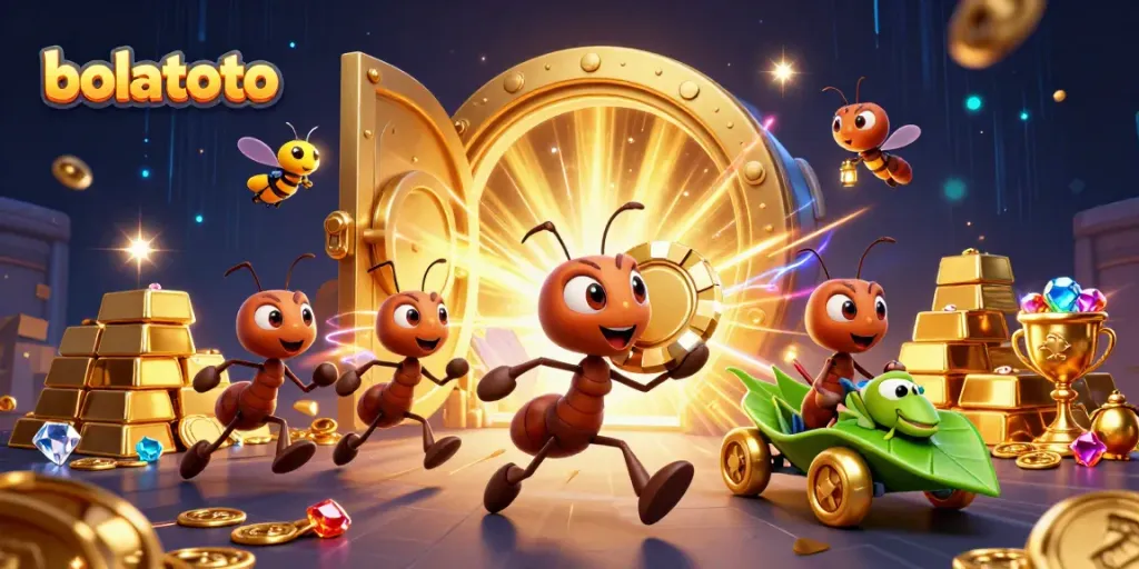 Bolatoto heist scene with cartoon ants, golden poker chip, and treasure elements.
