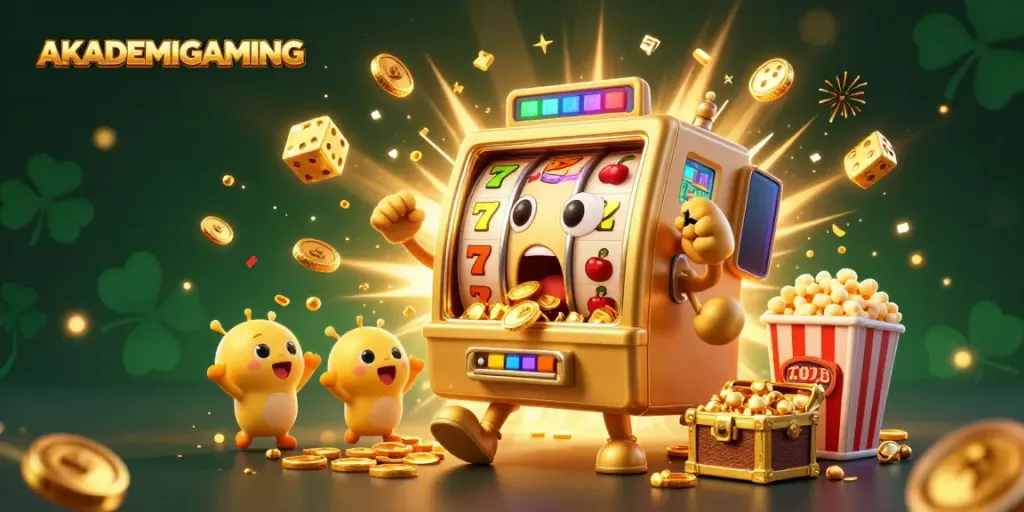 Experience excitement with AKADEMIGAMING's animated slot machines celebrating jackpots in a vibrant casino scene.