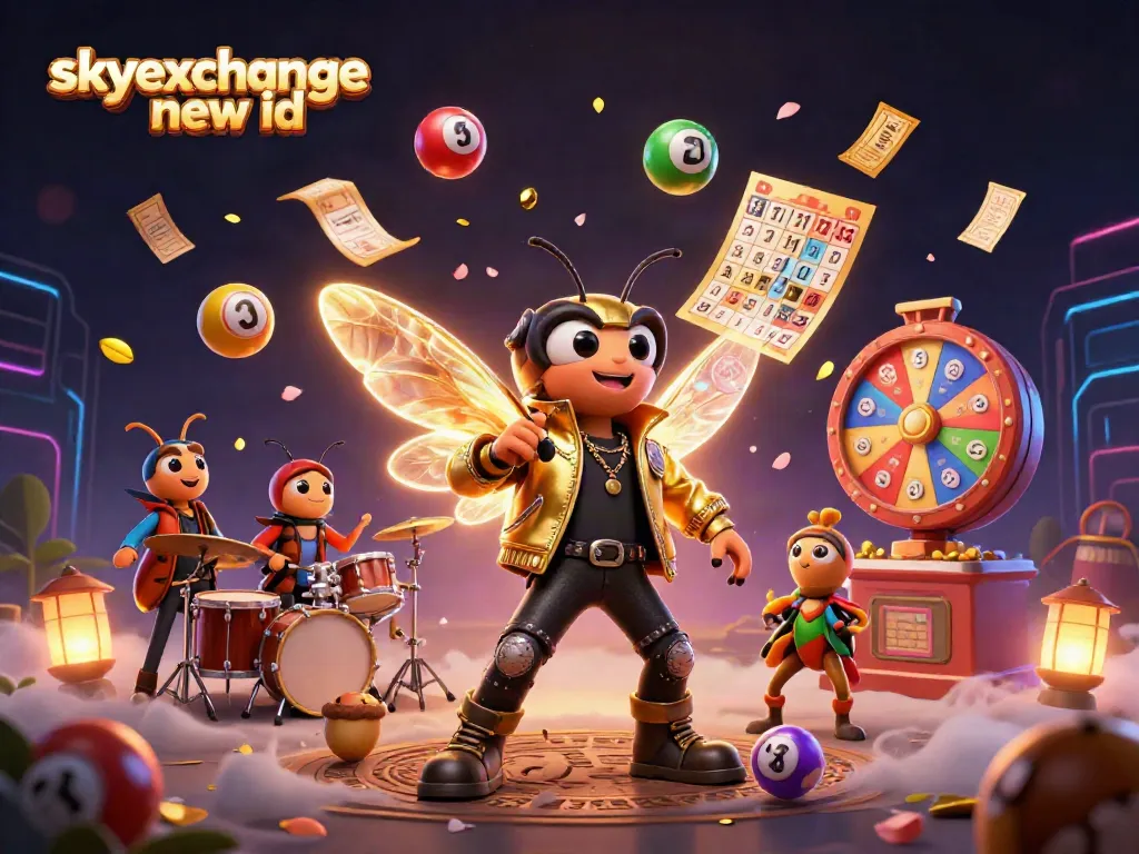 Experience the excitement of betting with skyexchange new id, featuring a rock star, drummer, and vibrant game elements.