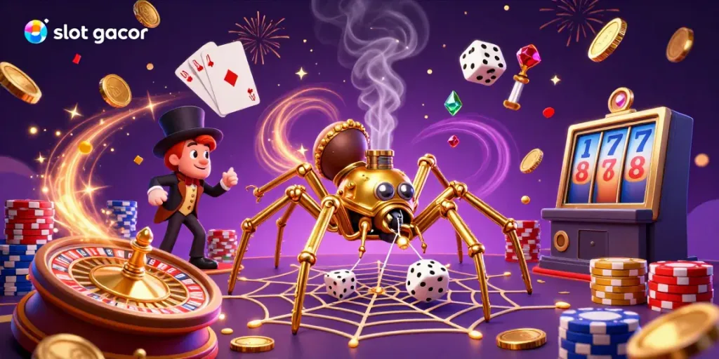 Experience the thrill of slot gacor with a steampunk spider webbing casino elements in a dazzling illustration.