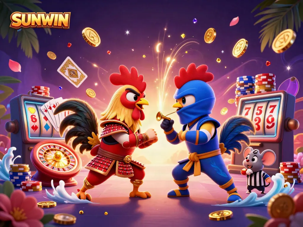 Experience thrilling standoffs in SUNWIN with dynamic roosters and sparkling casino elements.