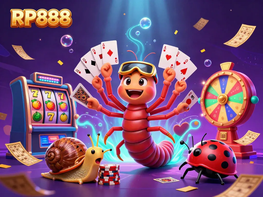Engage with RP888 in a vibrant casino scene featuring a millipede dealer and high-roller snail.