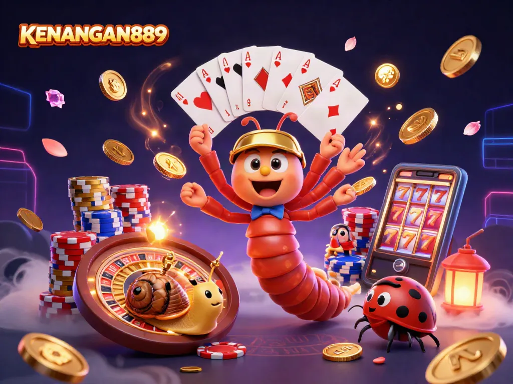Spin to win at KENANGAN889's vibrant casino scene featuring a millipede dealer and exciting games.