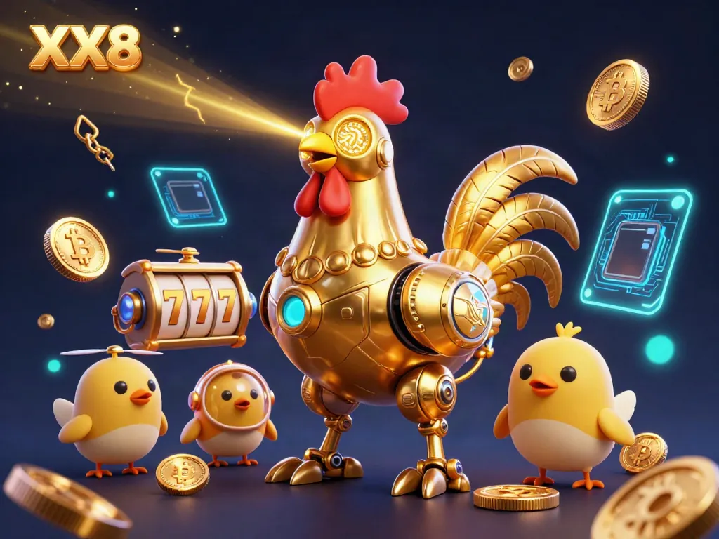 Engage in thrilling online casino adventures with XX8's vibrant gambling illustration featuring golden rooster and crypto elements.