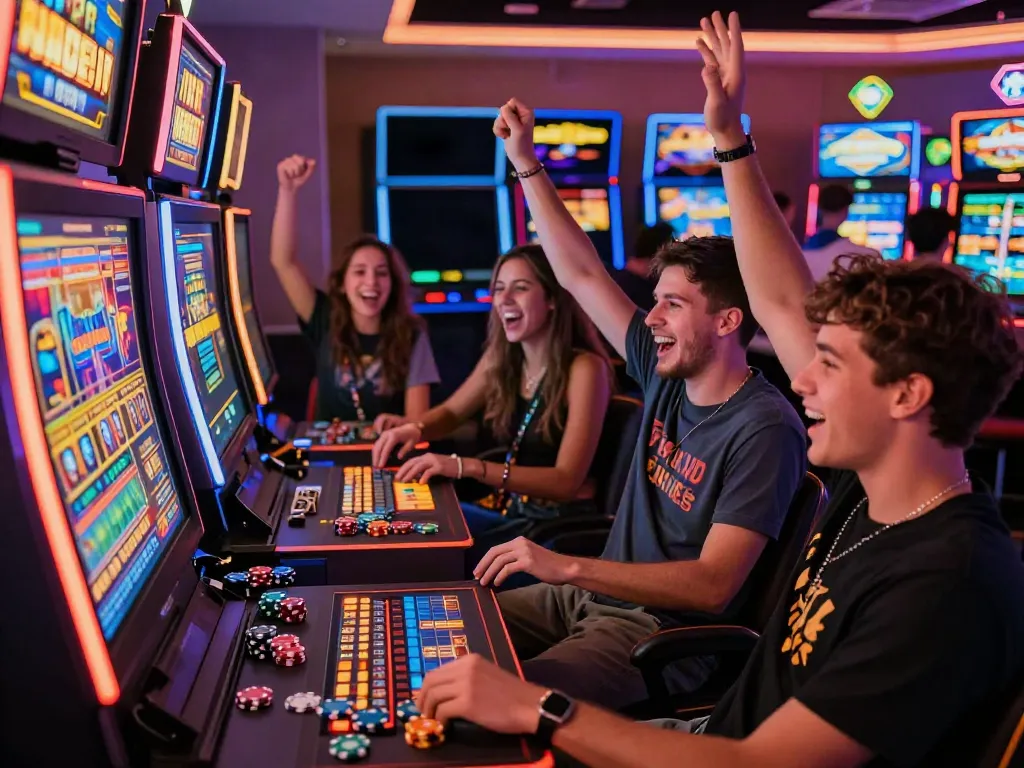 Akunjp gaming celebration scene with friends at a lively casino