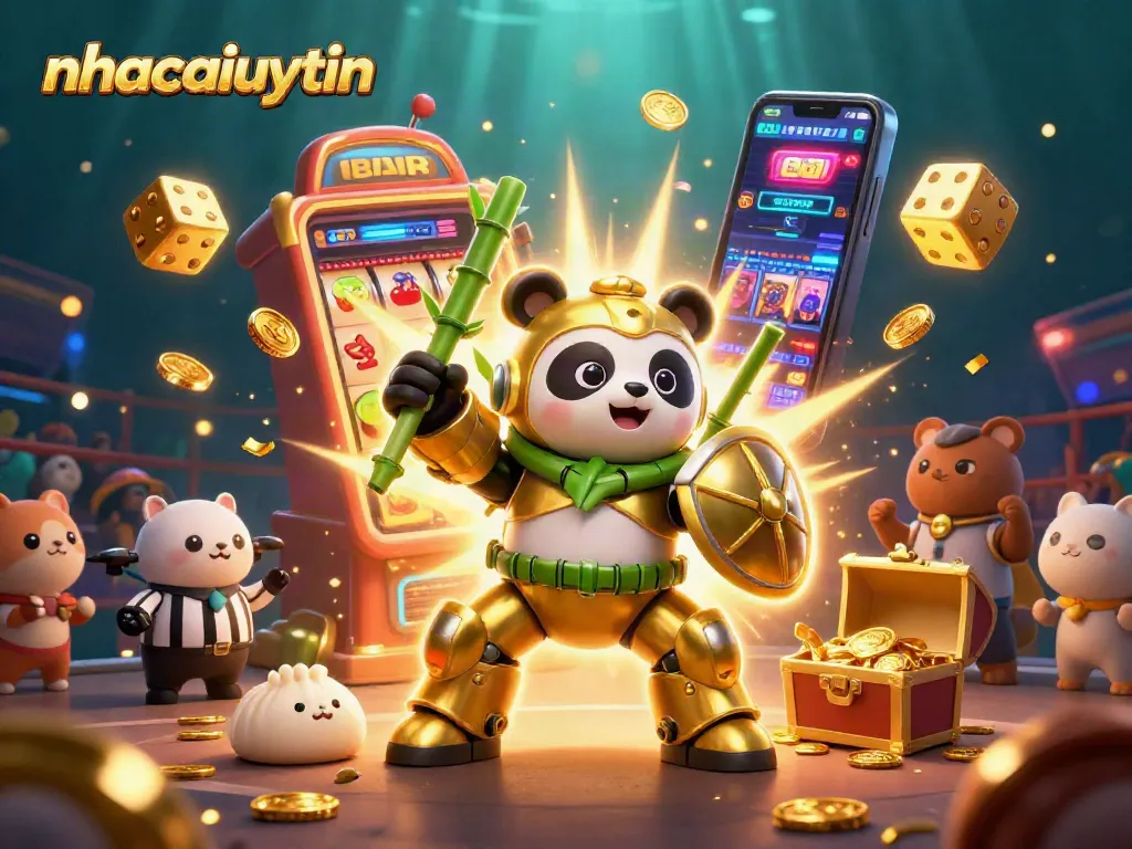 Engage in thrilling jackpots with nhacaiuytin, featuring a golden panda and vibrant casino elements.