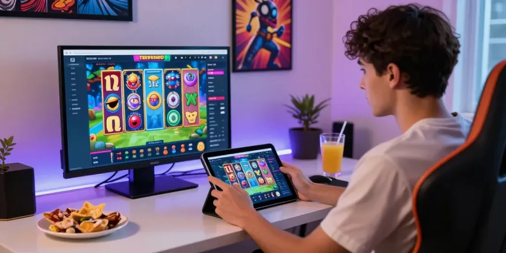 User playing TEMPOSLOT on a tablet in a vibrant gaming setup.