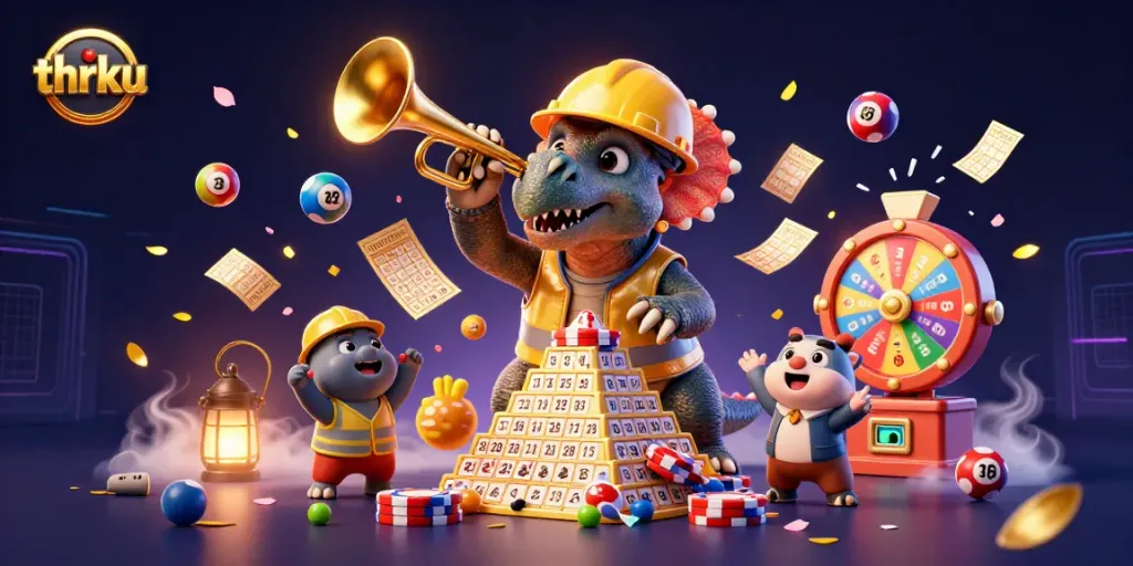 thrku platform celebrates wins with a vibrant 3D casino scene filled with animated games and cheerful characters