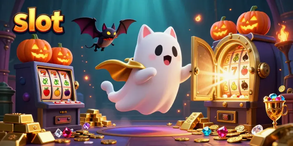 Kucing hantu dan kelelawar di kasino bertema slot yang bersinar dalam kegelapan, sambil mengejar jackpot.