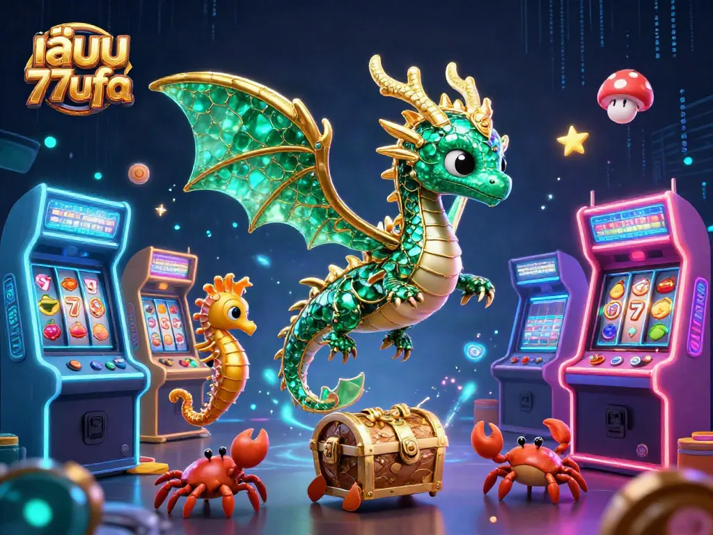 Play 77ufa and explore the exciting world of online casino games with a vibrant 3D illustration.
