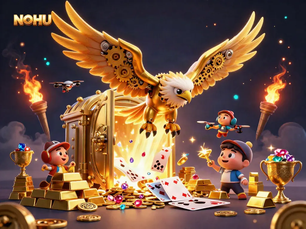 Engage in the excitement at NOHU with a cybernetic eagle soaring through casino riches.