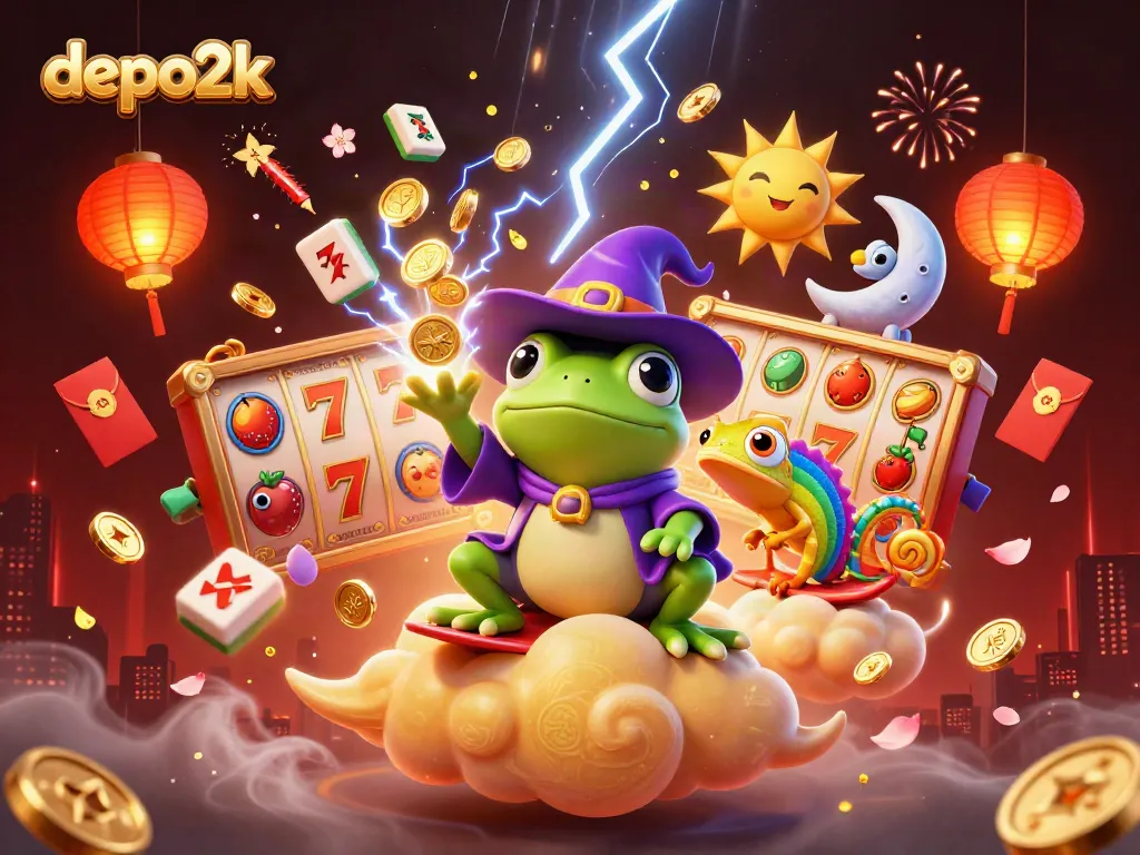 Experience the thrill of depo2k with a vibrant 3D scene featuring lucky symbols, gold coins, and joyful characters.