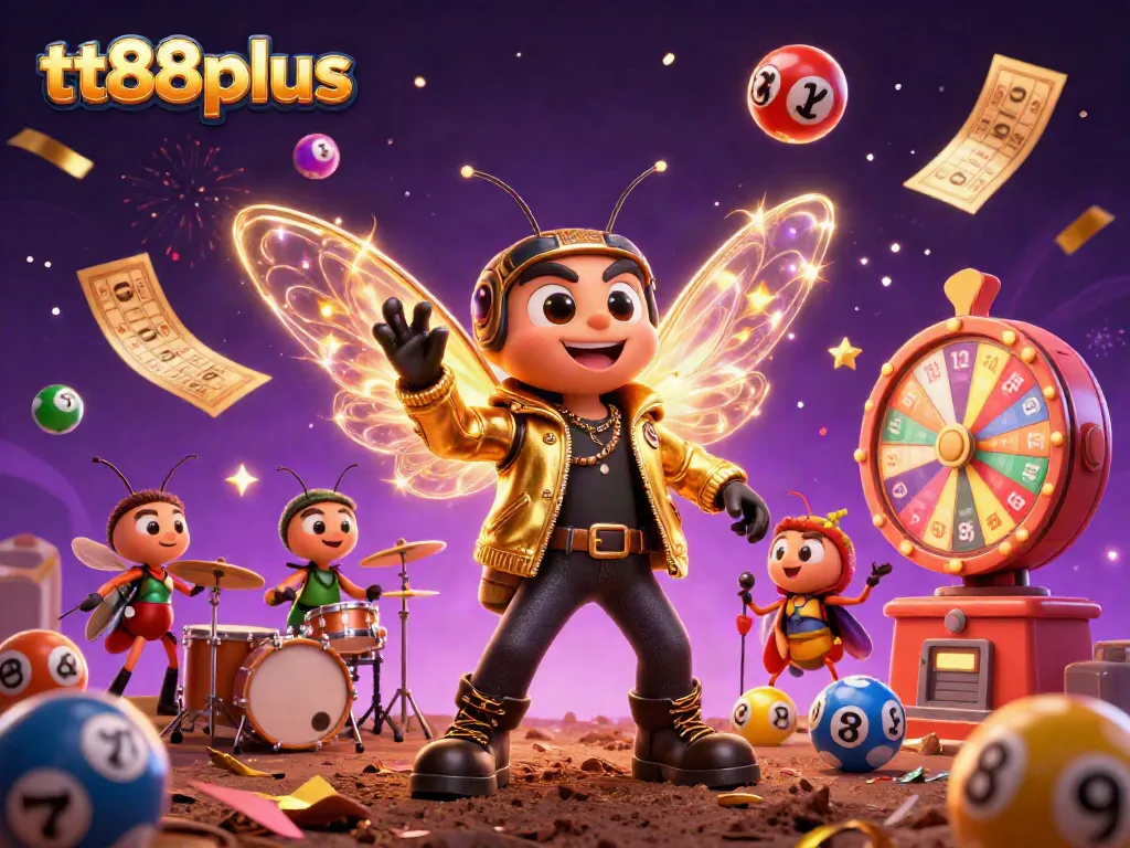 Engage with tt88plus thrilling jackpots featuring a rock star cicada, buzzing electric wings, and colorful lottery elements.