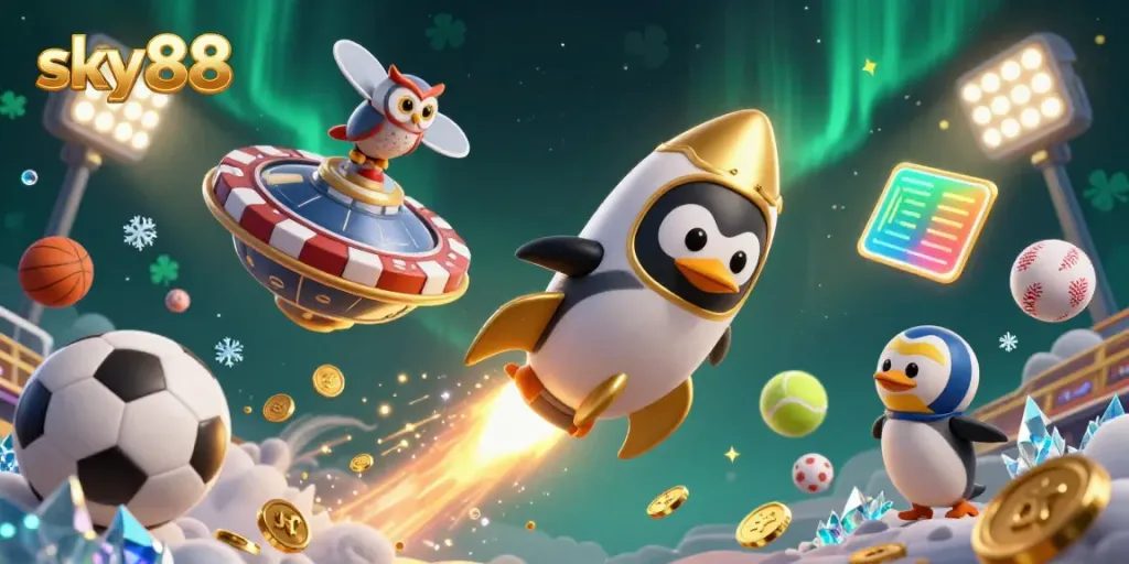 Experience thrilling gameplay with sky88 as a golden penguin triumphantly soars through a vibrant casino galaxy.