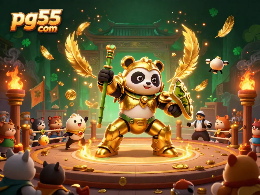 Battle for prizes in pg55 com with a mech-suit panda in a lively casino arena!