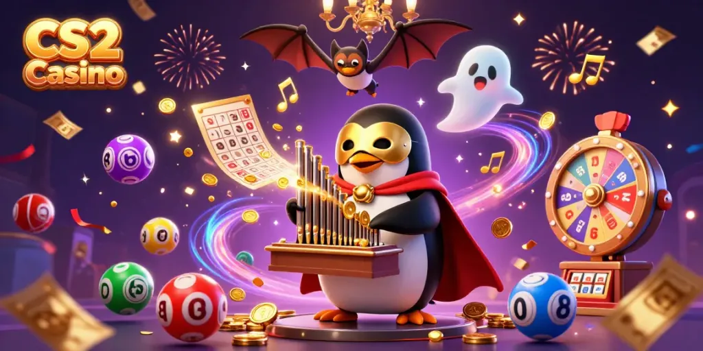 Play and win with CS2 Casino featuring a vibrant penguin and dynamic lottery elements.