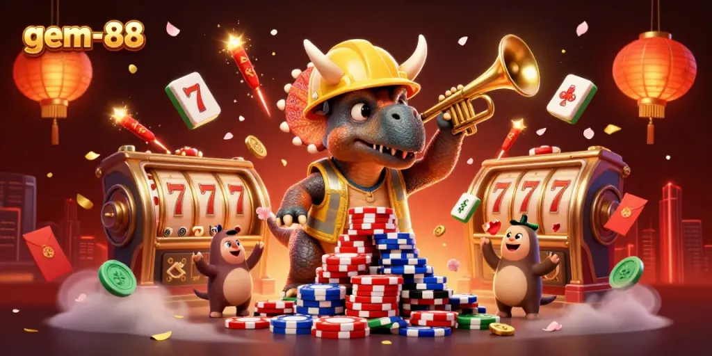 Engage in thrilling action at gem-88 with vibrant casino characters celebrating amidst colorful gaming elements.
