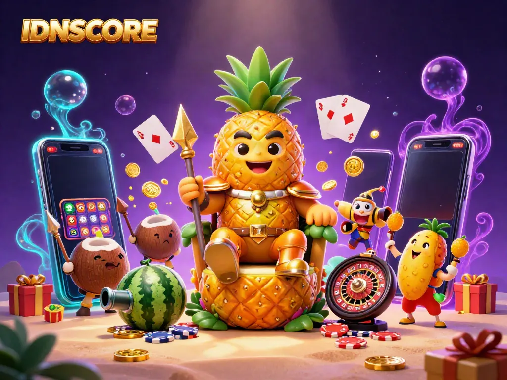 Experience the thrilling casino world with IDNSCORE's golden pineapple king and vibrant gaming elements.