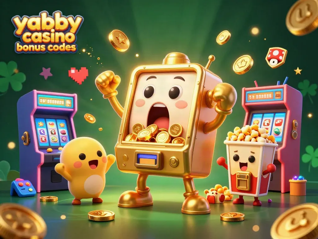 Yabby casino bonus codes highlight a golden slot machine jackpot win with cheering baby slots.