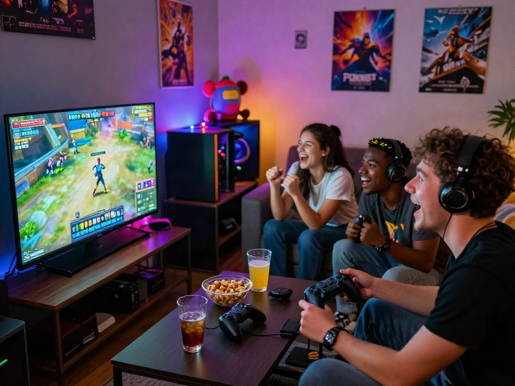 Exciting group gaming session playing a porn game in a cozy living room filled with snacks and colorful lighting.