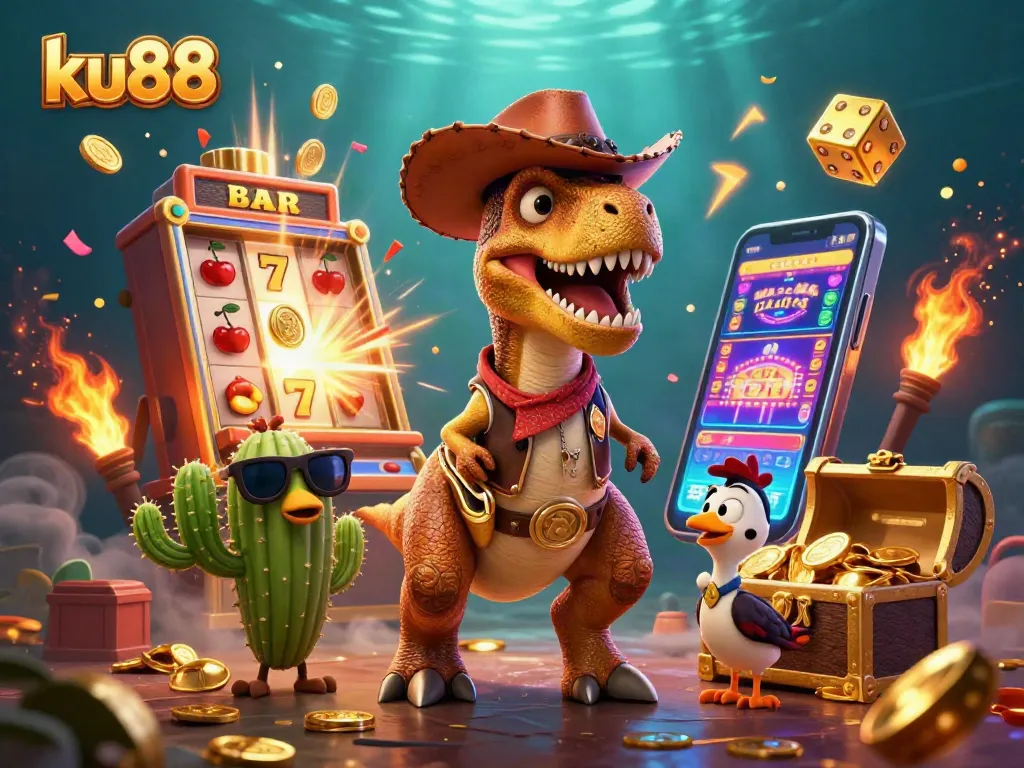 Experience the excitement of ku88 with a lively 3D casino scene bursting with jackpot fun and dynamic characters.