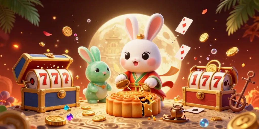 Experience excitement at UGDEWA with our cartoon moon rabbit revealing poker chips from mooncakes amidst colorful casino elements.