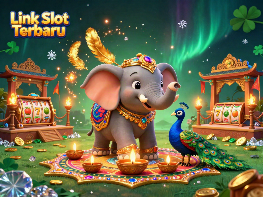 Experience the excitement of Link Slot Terbaru with a vibrant 3D illustration featuring a Diwali-themed elephant and colorful gaming elements.