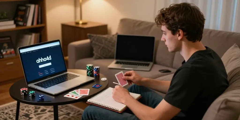 Player engaged on ahha4d mobile site in a cozy living room setting with gaming accessories.