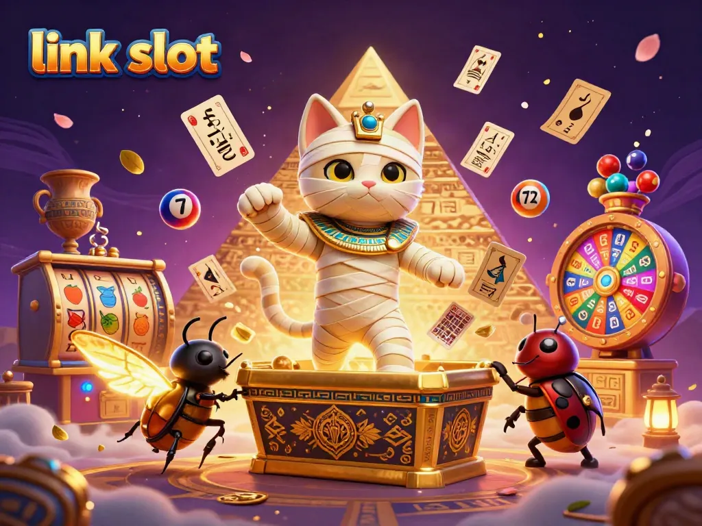 Mengakses link slot dengan ilustrasi kucing mummy 3D muncul dari sarkofagus emas di kasino piramida.