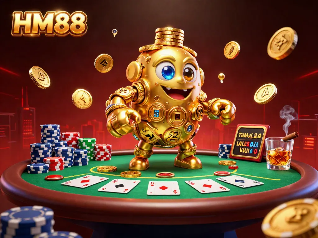 Engage with HM88's vibrant poker scene featuring dynamic gold coin golem and poker ambiance.